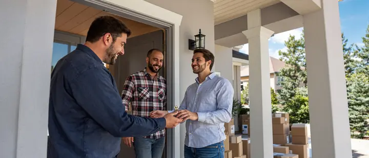 Locksmith handing new keys to new homeowners on their porch