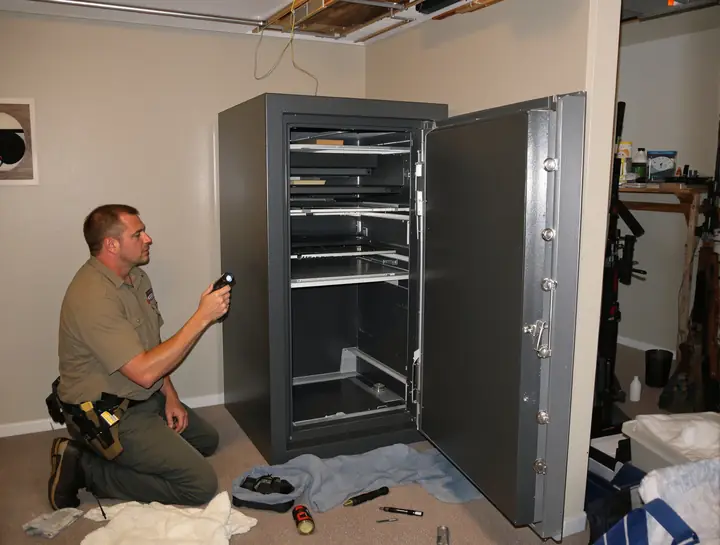 Technician servicing an open home gun safe in a basement
