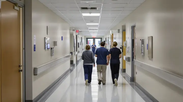 A family walking a Boston hospital corridor after surgery