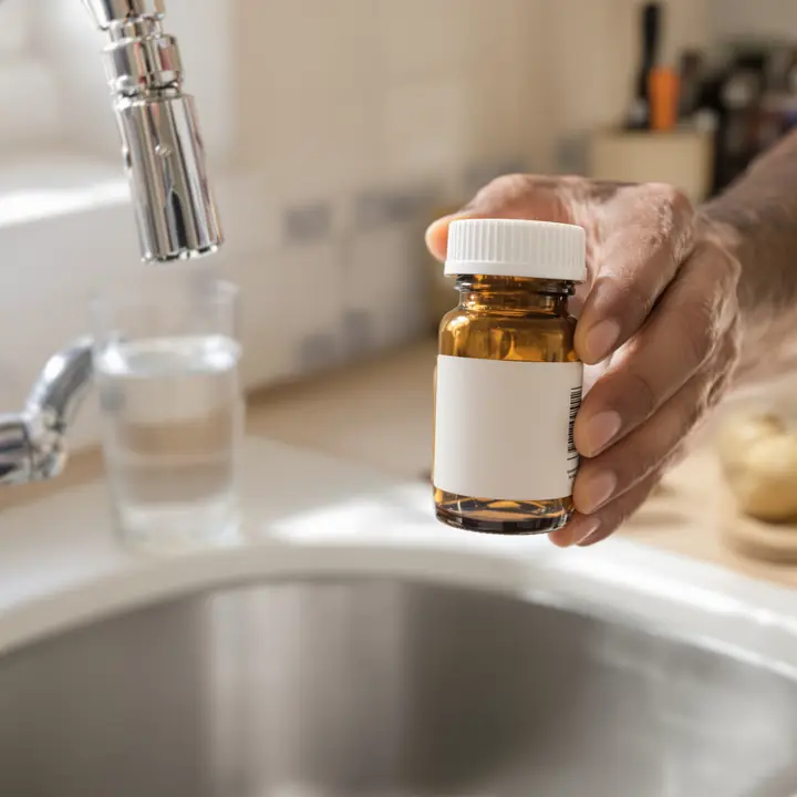 Holding a pill bottle at the kitchen sink