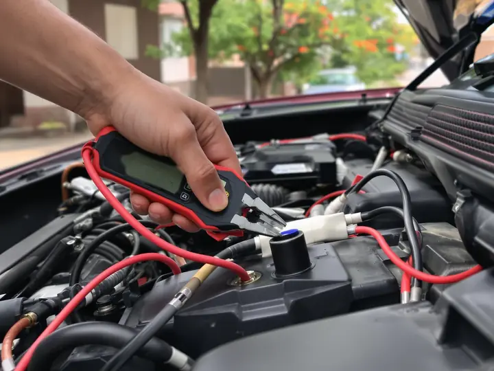 Battery test under the hood on a street in Wood Streets