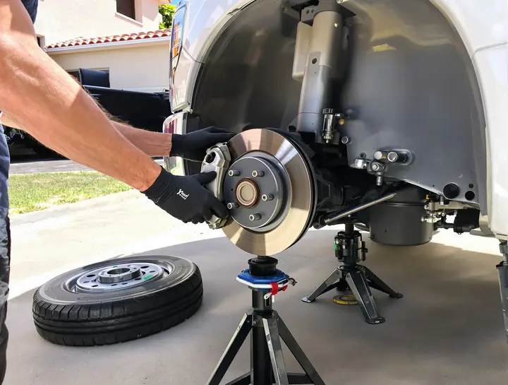 New pads and rotor going on a pickup in a Canyon Crest driveway