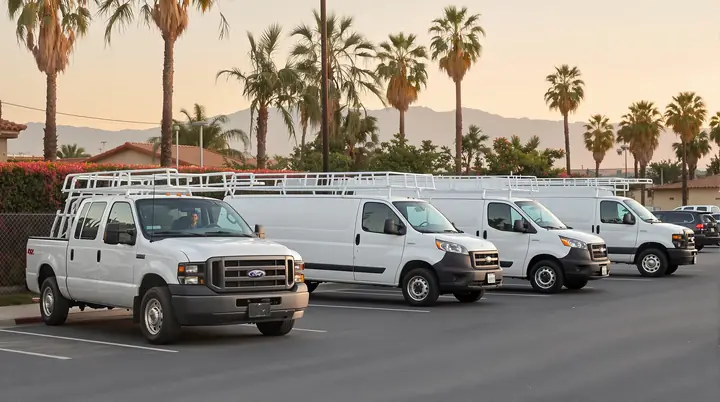 Row of company work trucks and vans in a Riverside yard at sunrise