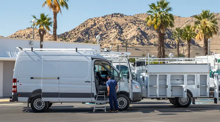 Arroyo mechanic servicing a cargo van at a business lot in Riverside