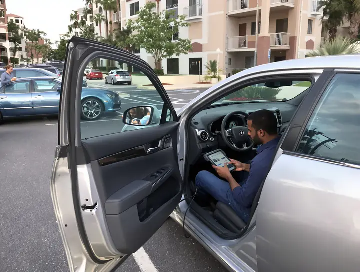Scan tool plugged in for a check engine light at an apartment lot