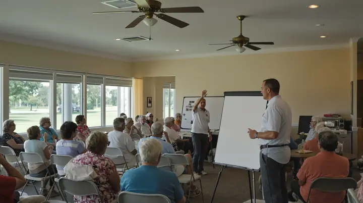 Retirees at a free Medicare talk in a clubhouse community room