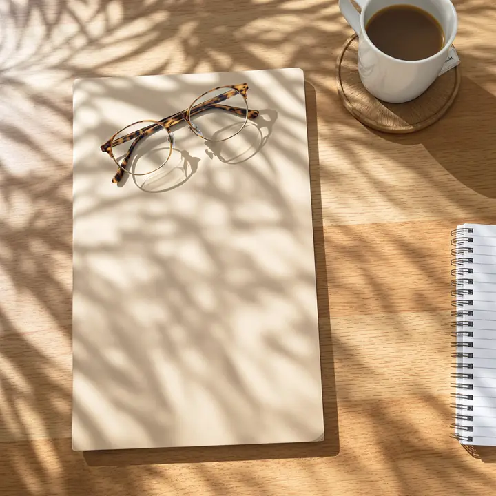 A folder, reading glasses and coffee on the office table