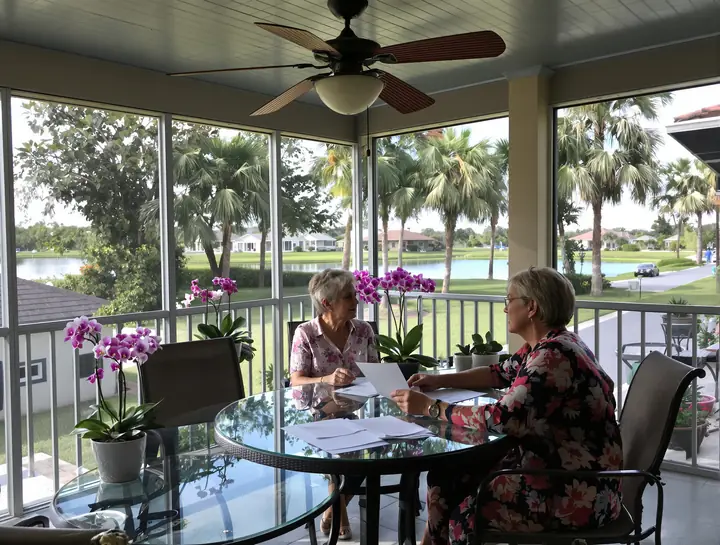 Agent visiting a client on her screened lanai