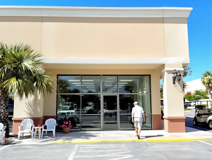 The Egret Benefits storefront with palms and a golf cart out front