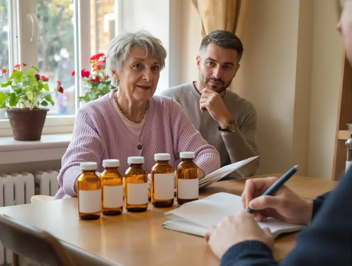 A client lining up her prescription bottles for Glenn