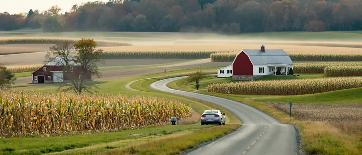 Glenn's car on a country road past a farmhouse and bank barn