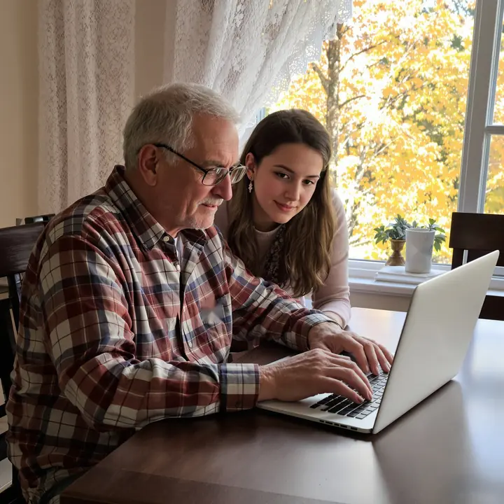 A client on a video call with Glenn while his granddaughter helps