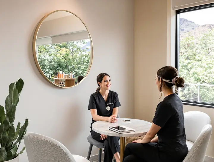 Nurse practitioner talking with a client during a consult, Camelback Mountain through the window