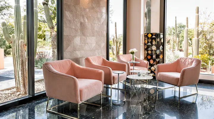 Lounge with blush velvet chairs and saguaros outside the window