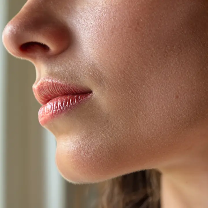 Close up of a client's cheek after a series of skin treatments