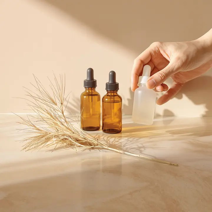 Skin care bottles on a travertine counter