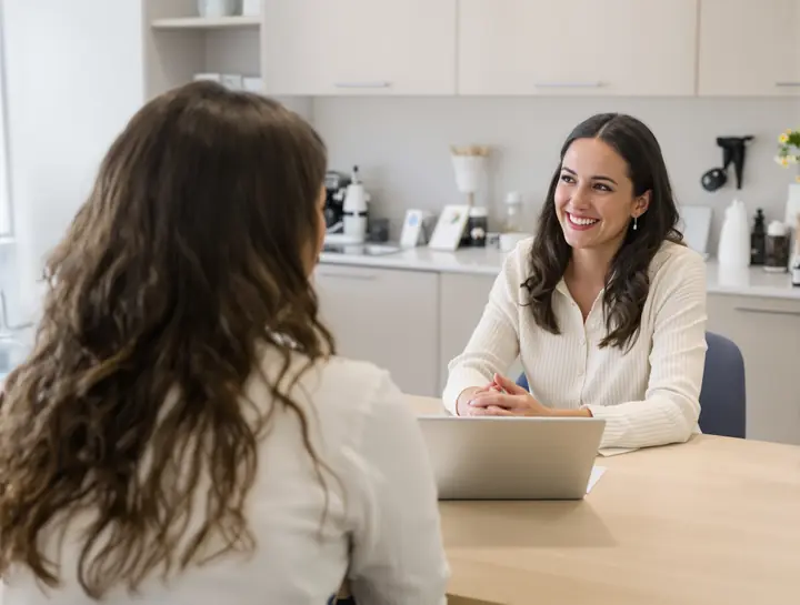 Nurse injector talking with a client at a consult table