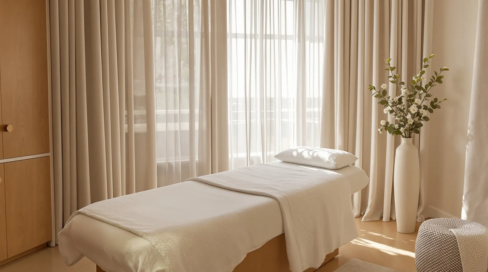 Quiet treatment room at Lumen with linen curtains and soft light