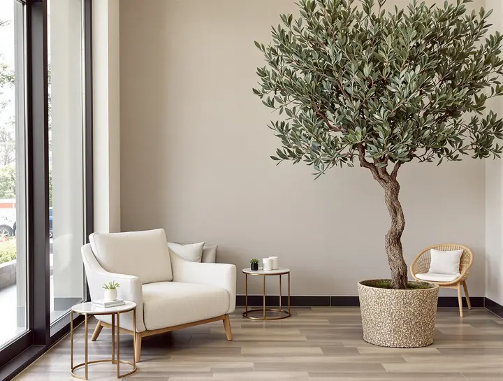 The Lumen lobby with an olive tree