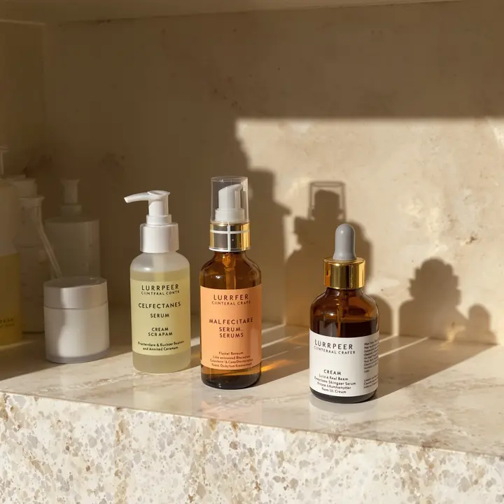 Skin care serums on a travertine shelf