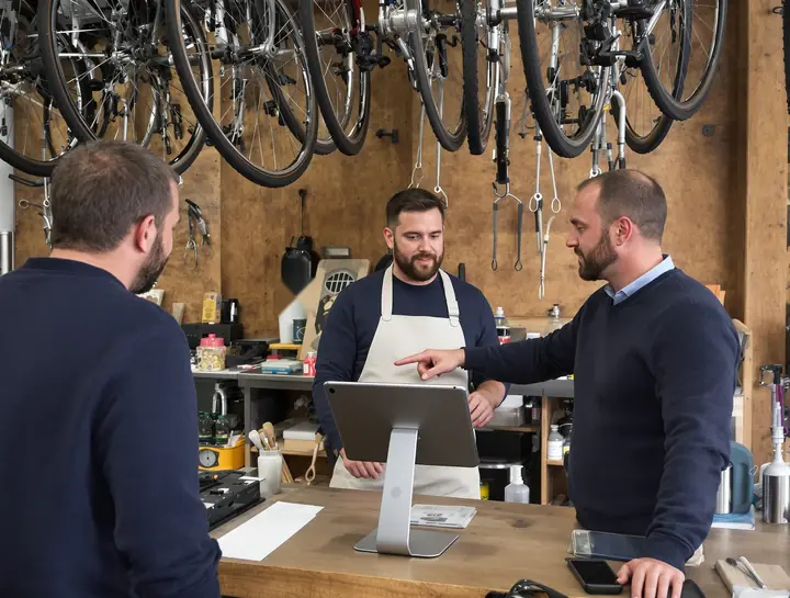 Setting up a tablet register at a bike repair shop workbench