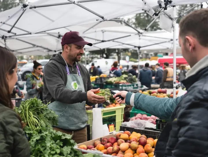 A market vendor handing a card reader to a customer under a rainy canopy