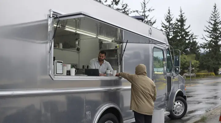 Going over numbers on a laptop with a food truck owner at the service window