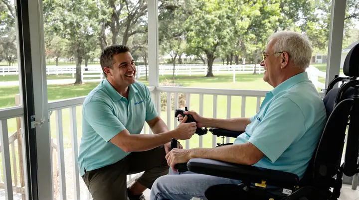 Adjusting a power chair joystick on a screened porch