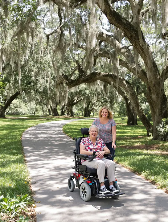 A woman riding a compact power chair under the live oaks