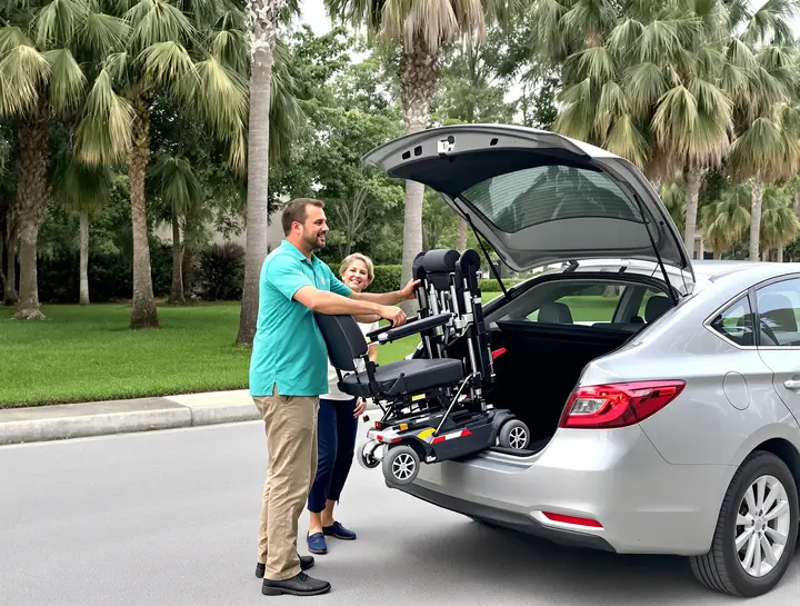 Lifting a folded travel scooter into a car trunk