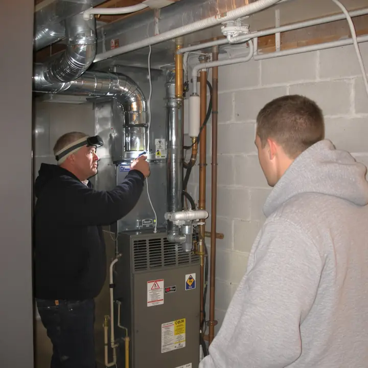 A home inspector checking a furnace in a basement while the buyer watches