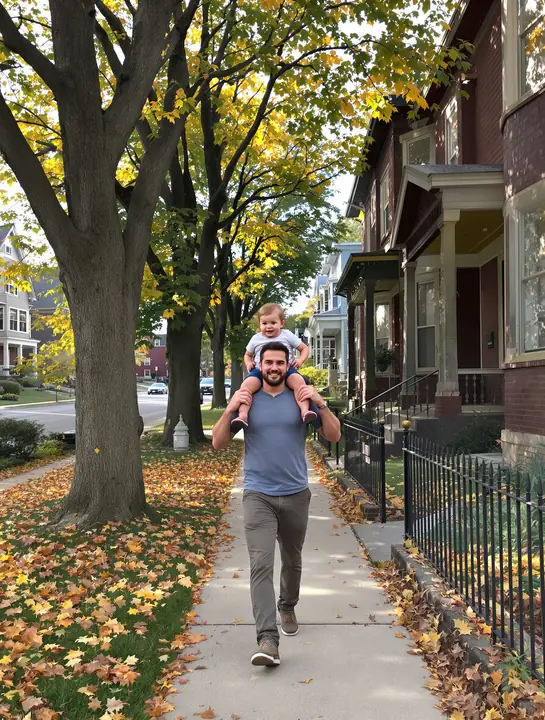 A dad with his toddler walking a tree lined street of older homes