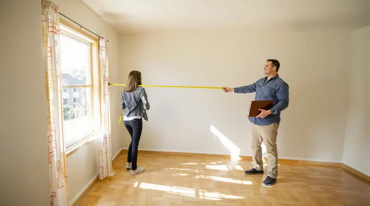 A first time buyer measuring a window in an empty ranch house living room