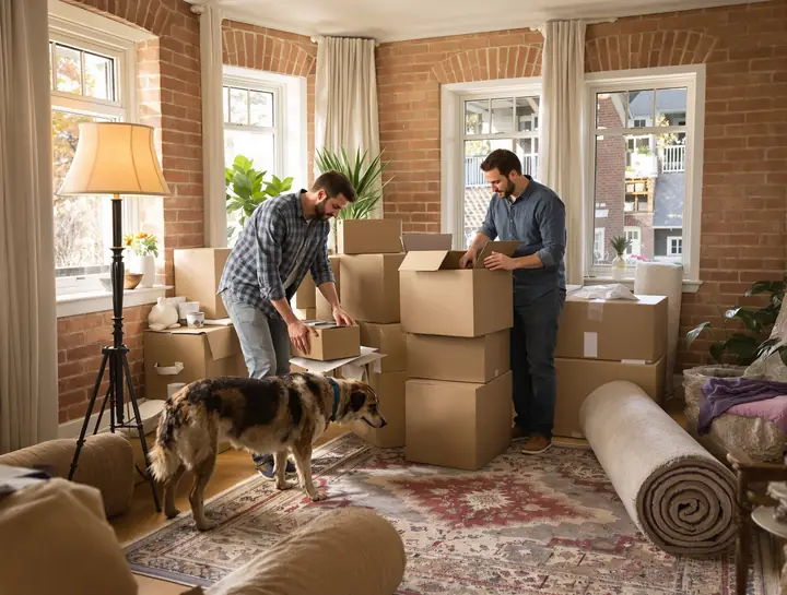 A young couple and their dog unpacking boxes in a small living room