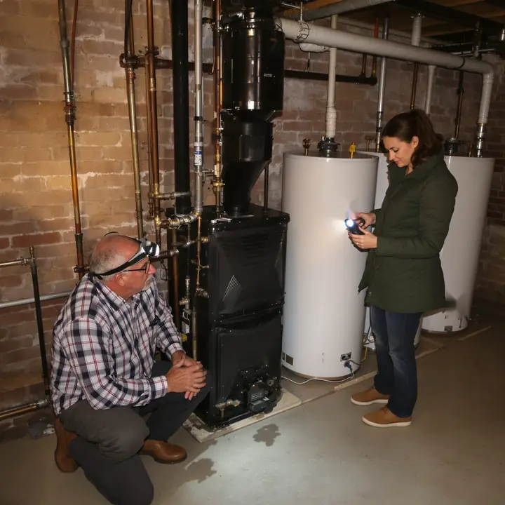 An inspector checking an old gas boiler in a fieldstone basement