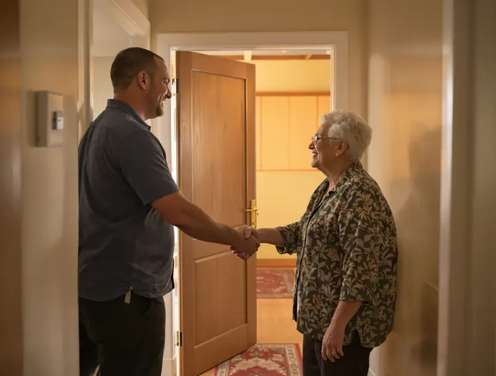 A new owner shaking hands with the longtime first floor tenant