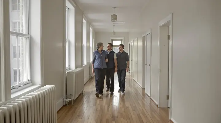 Ruth walking buyers through a second floor unit