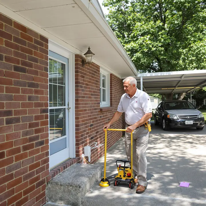 An appraiser measuring the side of a brick ranch house