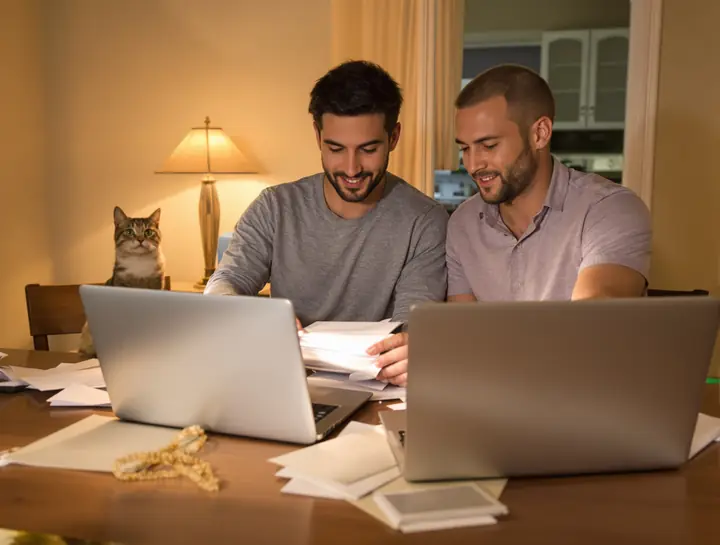 A couple sorting bills at the kitchen table with their cat