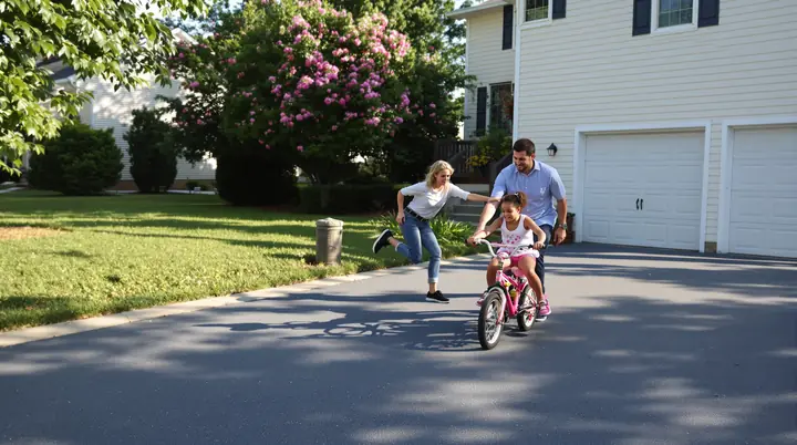 A dad teaching his daughter to ride a bike in the driveway while mom watches