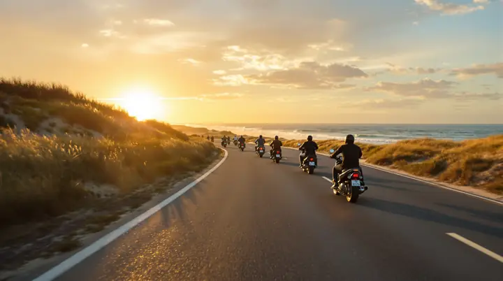 Riders on A1A near Daytona Beach at sunset