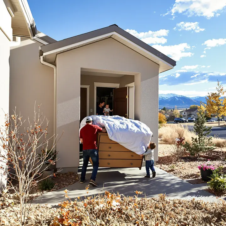 Movers carrying a dresser into a new home in Denver