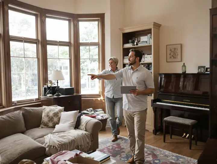 Planner walking through a living room with a homeowner in Webster Groves