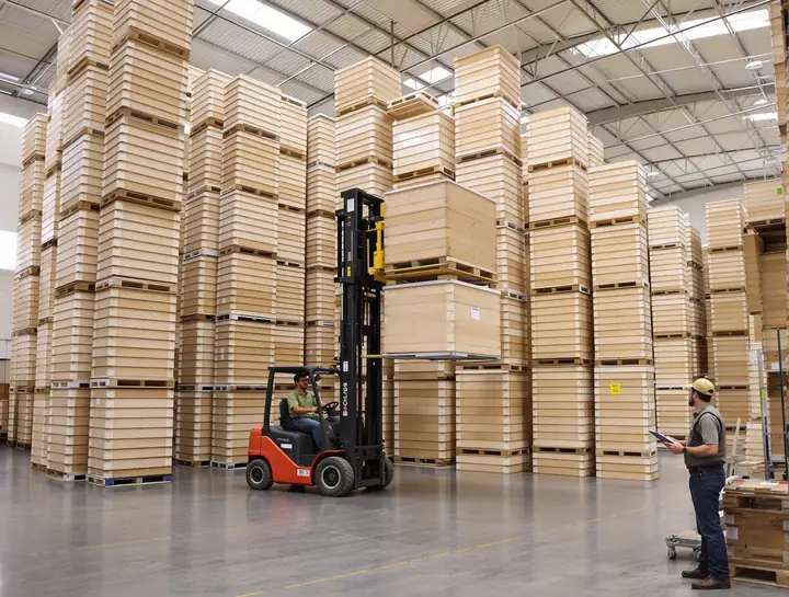 Forklift lifting a wooden storage vault in the warehouse
