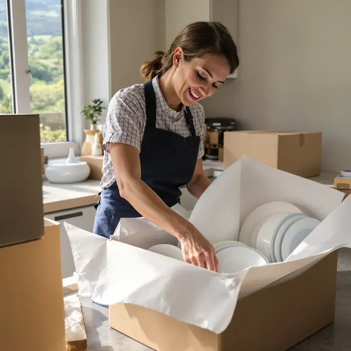 Packer wrapping dishes in paper at a kitchen counter