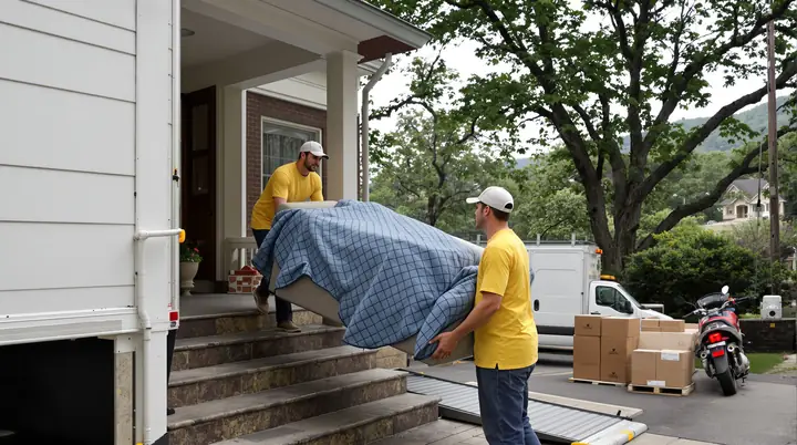 Two Ridgeline movers carrying a wrapped sofa down porch steps in North Chattanooga