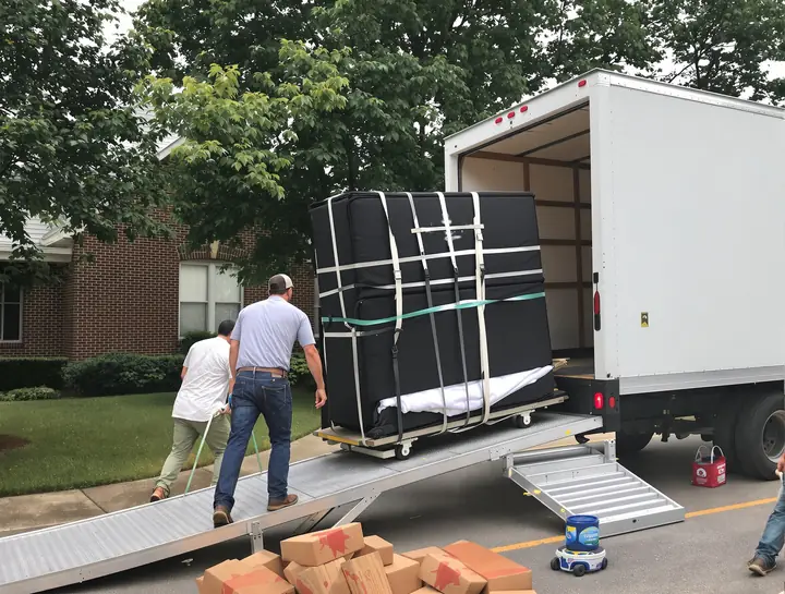 Three movers rolling an upright piano up the truck ramp