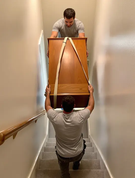 Two movers carrying a dresser down a narrow apartment stairwell