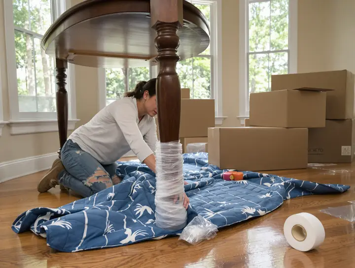 Mover wrapping a table leg in a moving blanket and stretch wrap