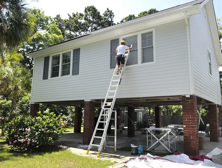 Painter on a ladder painting lap siding on a raised cottage with palmettos in the yard